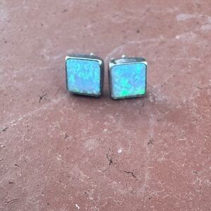 Square opal bezel set in 925 silver stud earrings